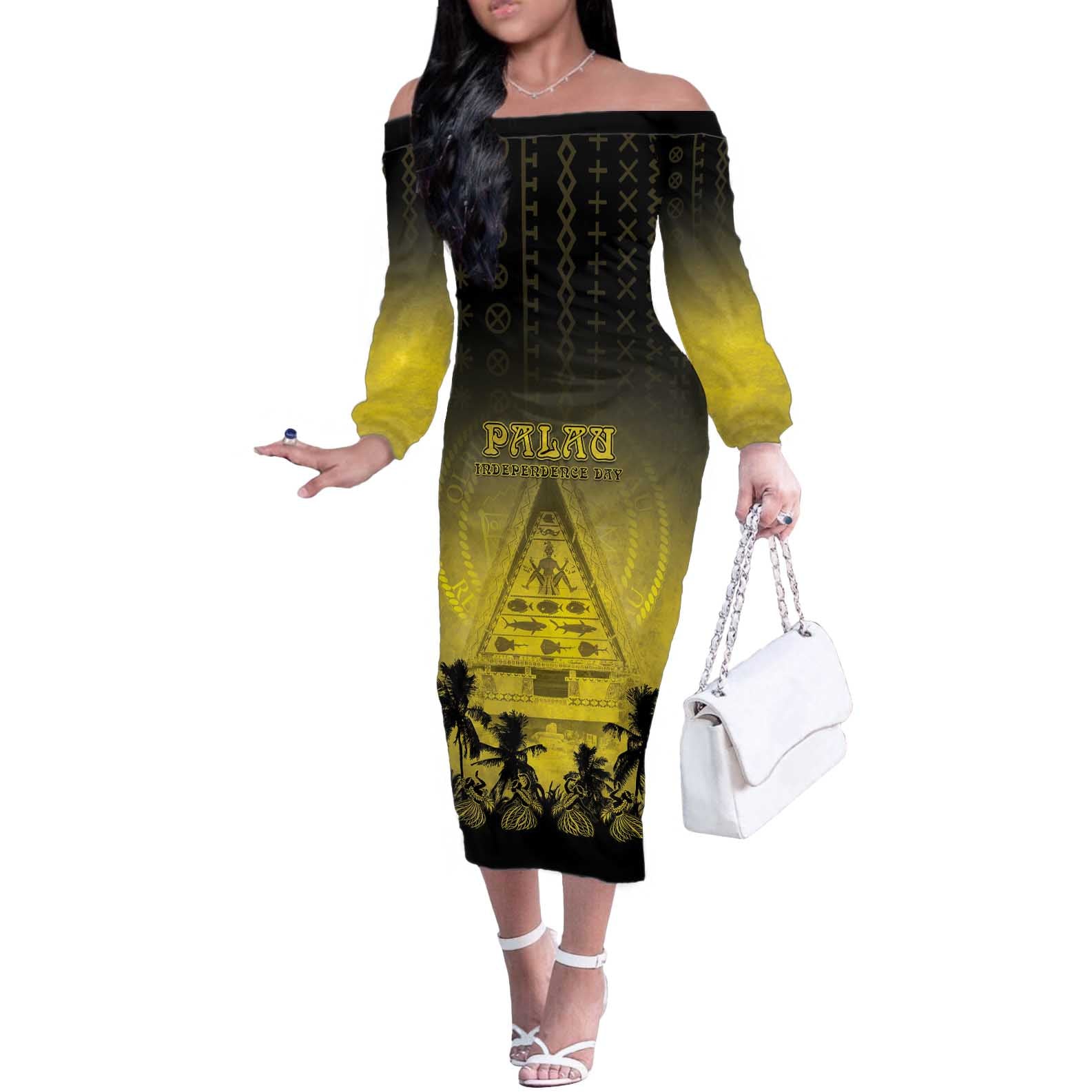 Personalised Palau Independence Day Off The Shoulder Long Sleeve Dress Palauan Tattoo Pattern - Polynesian Pride