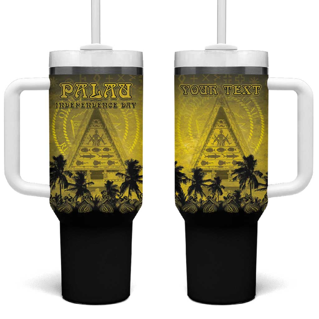 Personalised Palau Independence Day Tumbler With Handle Palauan Tattoo Pattern - Polynesian Pride