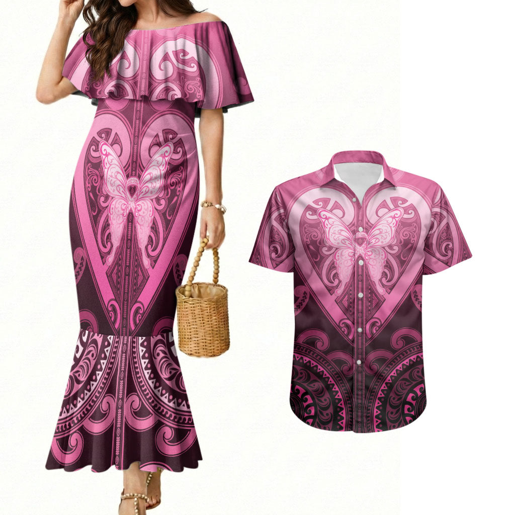 Aotearoa Breast Cancer Couples Matching Mermaid Dress and Hawaiian Shirt Maori Tribal Pattern LT05 Pink - Polynesian Pride