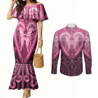 Aotearoa Breast Cancer Couples Matching Mermaid Dress and Long Sleeve Button Shirt Maori Tribal Pattern LT05 Pink - Polynesian Pride