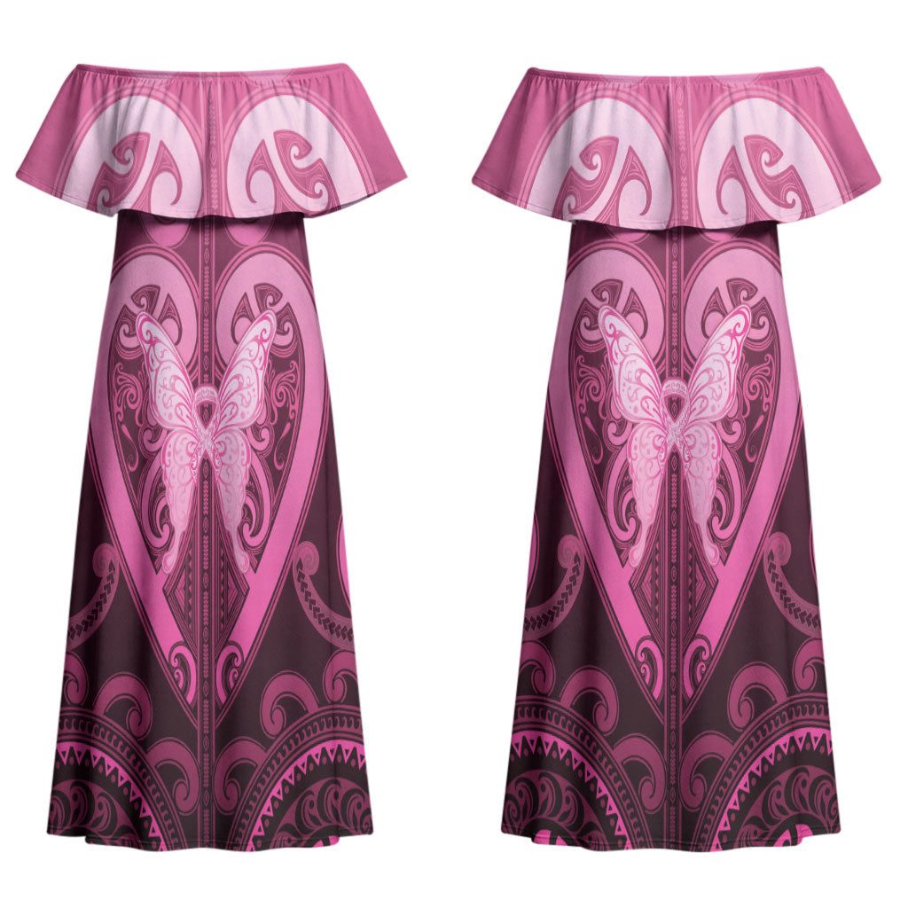 Aotearoa Breast Cancer Couples Matching Off Shoulder Maxi Dress and Hawaiian Shirt Maori Tribal Pattern LT05 - Polynesian Pride