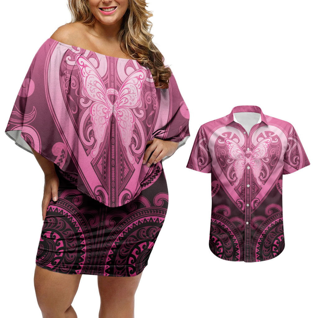 Aotearoa Breast Cancer Couples Matching Off Shoulder Short Dress and Hawaiian Shirt Maori Tribal Pattern LT05 Pink - Polynesian Pride