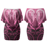 Aotearoa Breast Cancer Couples Matching Off Shoulder Short Dress and Hawaiian Shirt Maori Tribal Pattern LT05 - Polynesian Pride