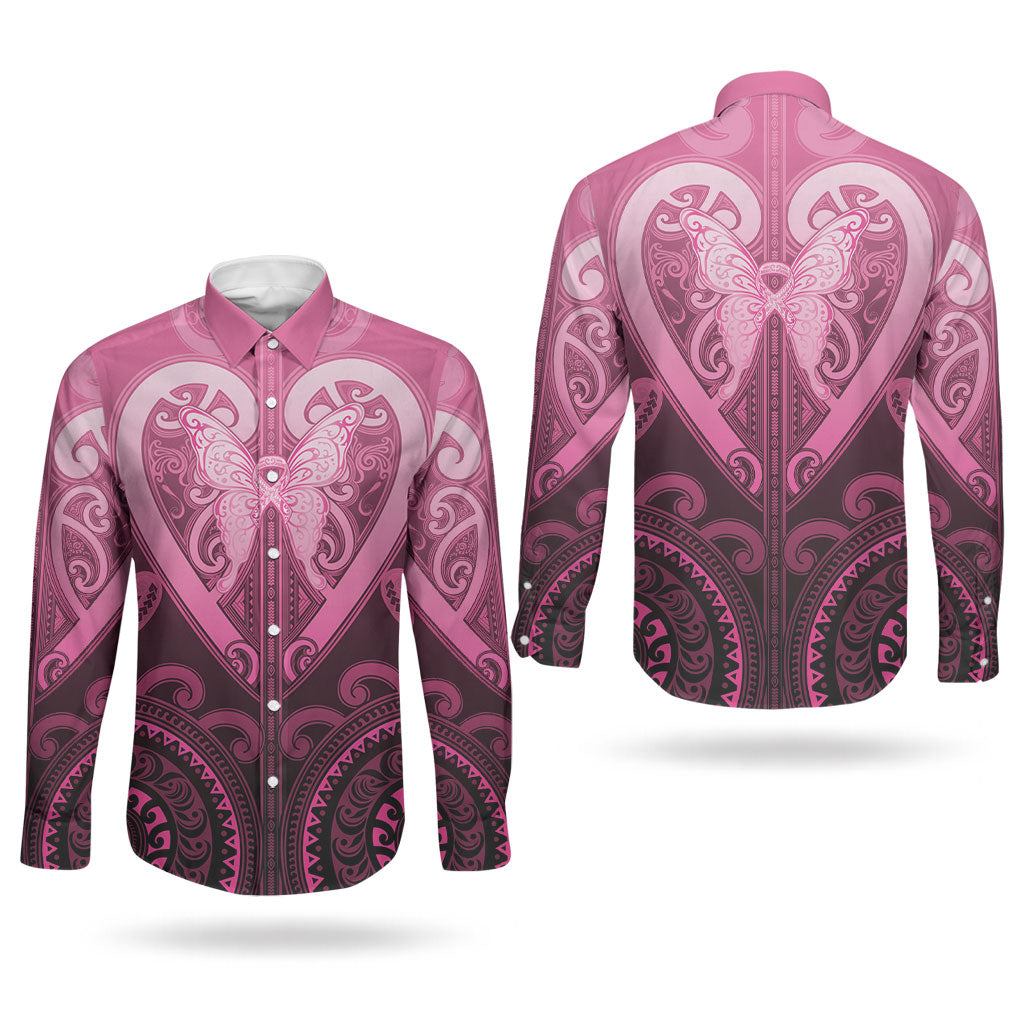 Aotearoa Breast Cancer Couples Matching Off The Shoulder Long Sleeve Dress and Long Sleeve Button Shirt Maori Tribal Pattern LT05 - Polynesian Pride