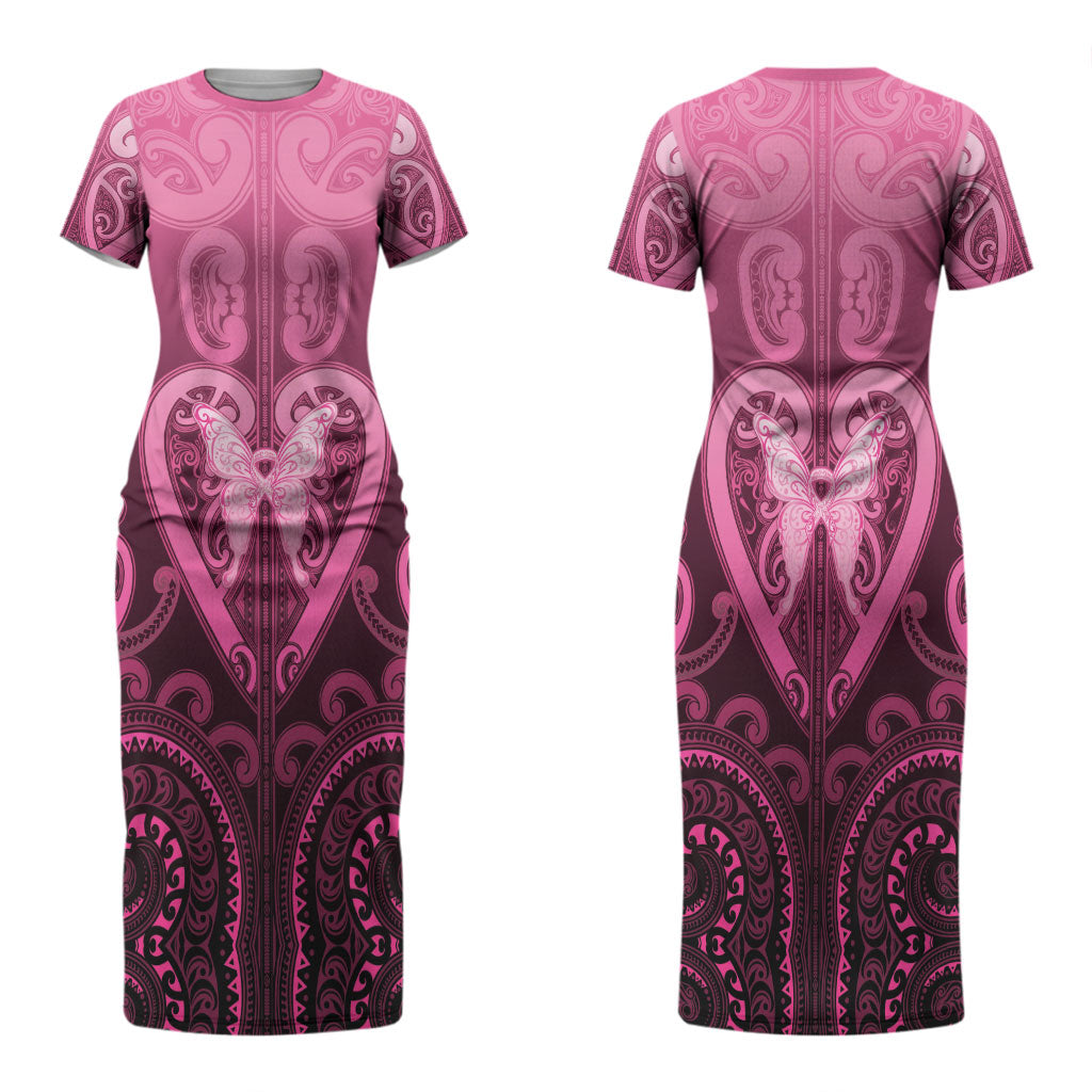Aotearoa Breast Cancer Couples Matching Short Sleeve Bodycon Dress and Long Sleeve Button Shirt Maori Tribal Pattern LT05 - Polynesian Pride