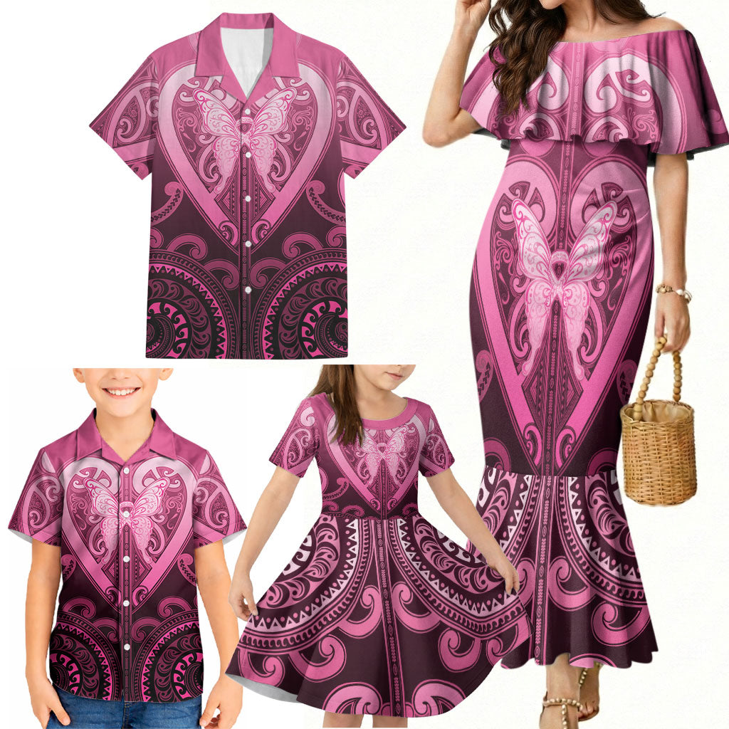 Aotearoa Breast Cancer Family Matching Mermaid Dress and Hawaiian Shirt Maori Tribal Pattern LT05 - Polynesian Pride