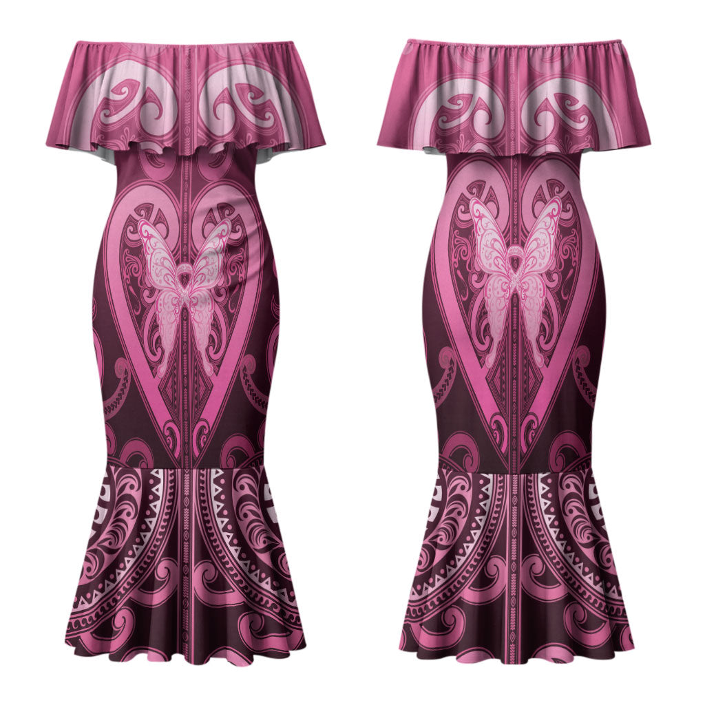 Aotearoa Breast Cancer Family Matching Mermaid Dress and Hawaiian Shirt Maori Tribal Pattern LT05 Mom's Dress Pink - Polynesian Pride
