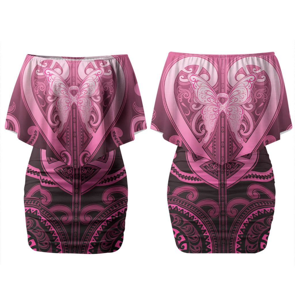 Aotearoa Breast Cancer Family Matching Off Shoulder Short Dress and Hawaiian Shirt Maori Tribal Pattern LT05 Mom's Dress Pink - Polynesian Pride