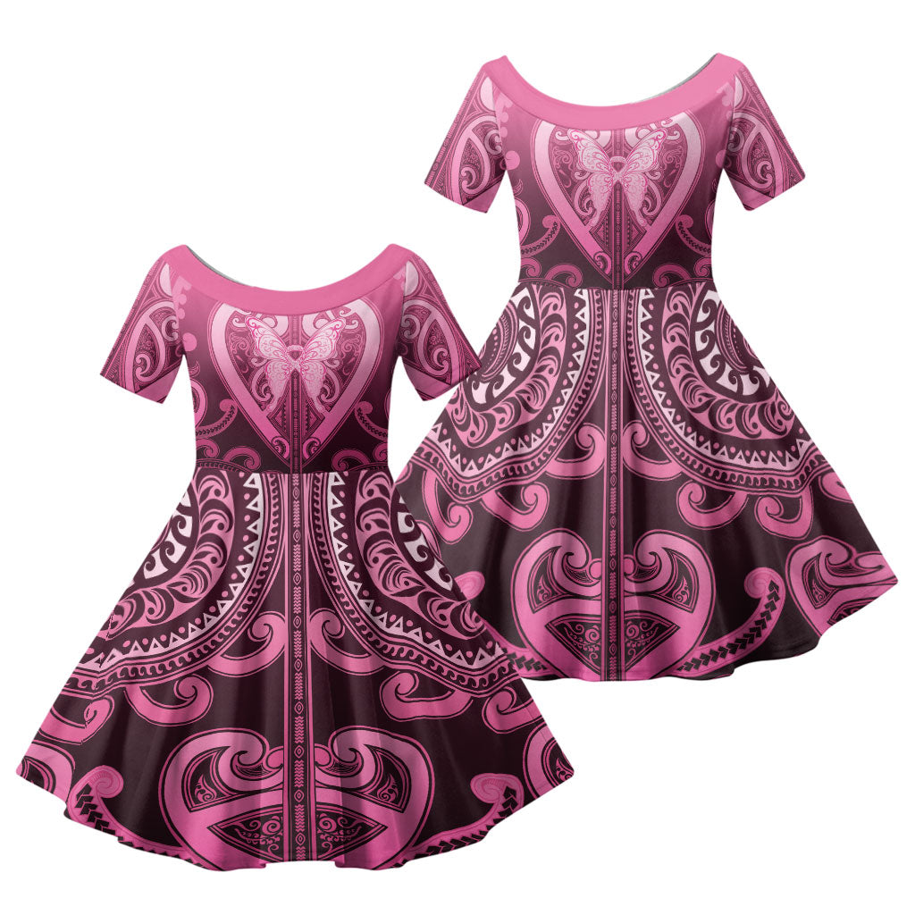 Aotearoa Breast Cancer Family Matching Tank Maxi Dress and Hawaiian Shirt Maori Tribal Pattern LT05 Daughter's Dress Pink - Polynesian Pride
