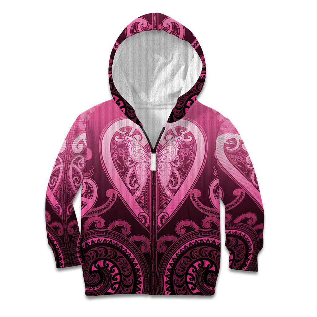 Aotearoa Breast Cancer Kid Hoodie Maori Tribal Pattern LT05 Zip Hoodie Pink - Polynesian Pride