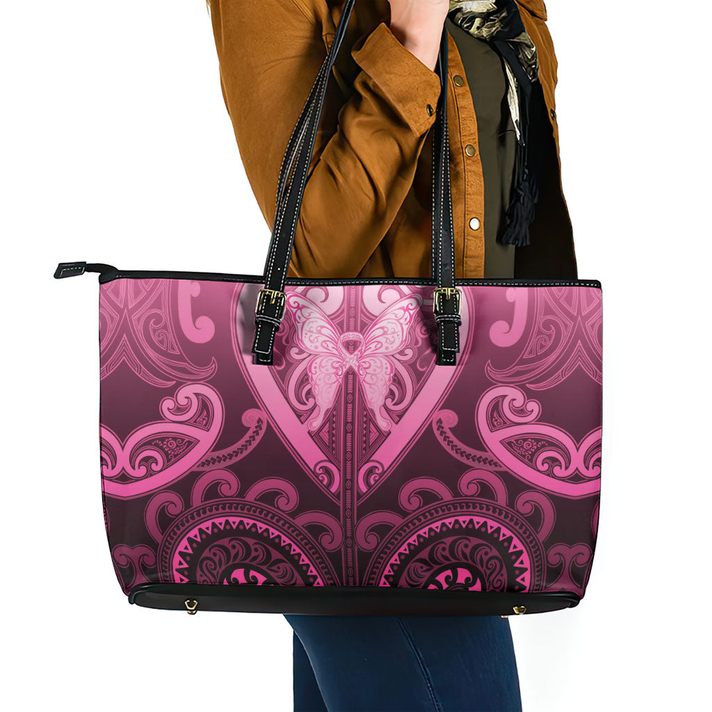 Aotearoa Breast Cancer Leather Tote Bag Maori Tribal Pattern LT05 - Polynesian Pride