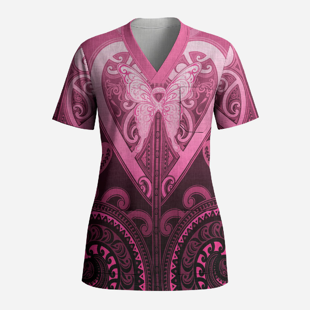 Aotearoa Breast Cancer Scrub Top Maori Tribal Pattern LT05 Adult Pink - Polynesian Pride