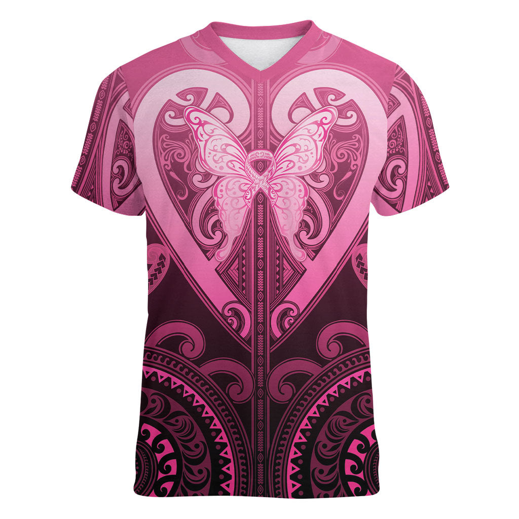 Aotearoa Breast Cancer Women V-Neck T-Shirt Maori Tribal Pattern LT05 Female Pink - Polynesian Pride