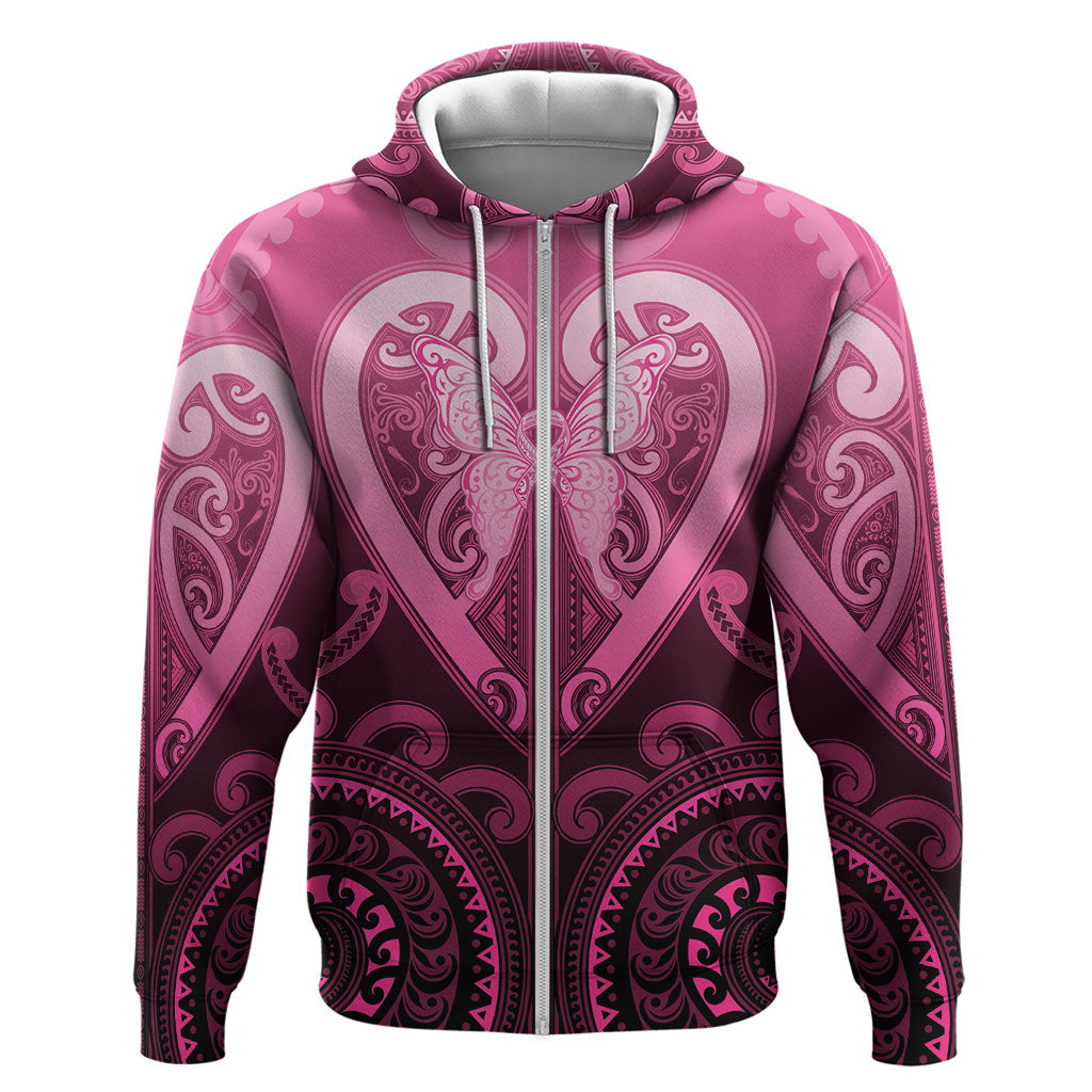 Aotearoa Breast Cancer Zip Hoodie Maori Tribal Pattern LT05 Zip Hoodie Pink - Polynesian Pride