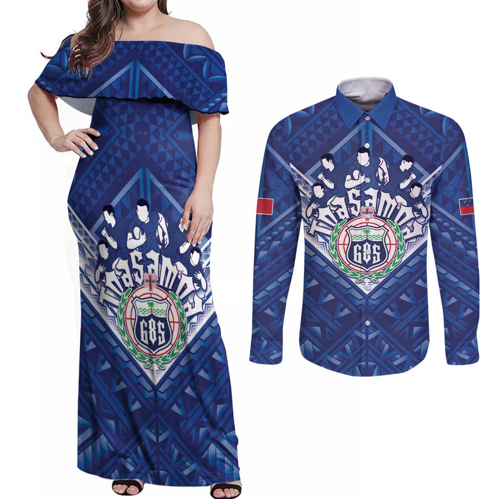 Toa Samoa Rugby Custom Couples Matching Off Shoulder Maxi Dress and Long Sleeve Button Shirt Samoan Pride With Tribal Pattern - Polynesian Pride
