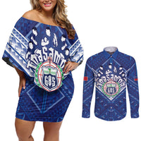 Toa Samoa Rugby Custom Couples Matching Off Shoulder Short Dress and Long Sleeve Button Shirt Samoan Pride With Tribal Pattern - Polynesian Pride