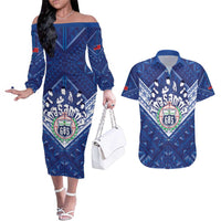 Toa Samoa Rugby Custom Couples Matching Off The Shoulder Long Sleeve Dress and Hawaiian Shirt Samoan Pride With Tribal Pattern - Polynesian Pride