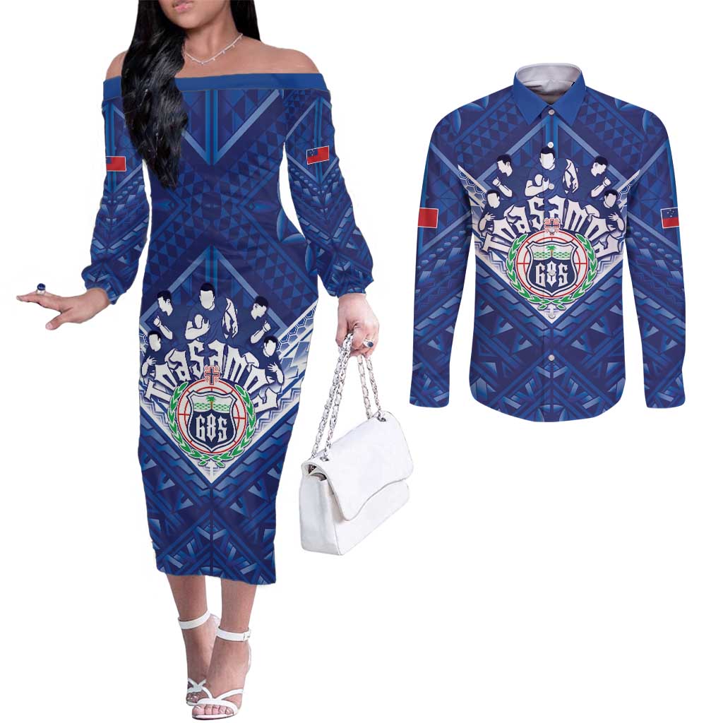 Toa Samoa Rugby Custom Couples Matching Off The Shoulder Long Sleeve Dress and Long Sleeve Button Shirt Samoan Pride With Tribal Pattern - Polynesian Pride
