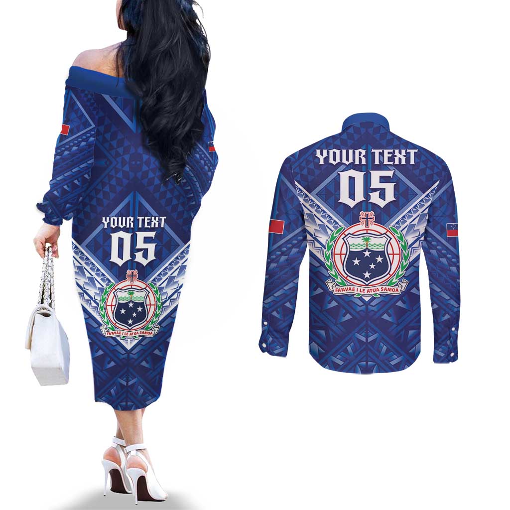 Toa Samoa Rugby Custom Couples Matching Off The Shoulder Long Sleeve Dress and Long Sleeve Button Shirt Samoan Pride With Tribal Pattern - Polynesian Pride