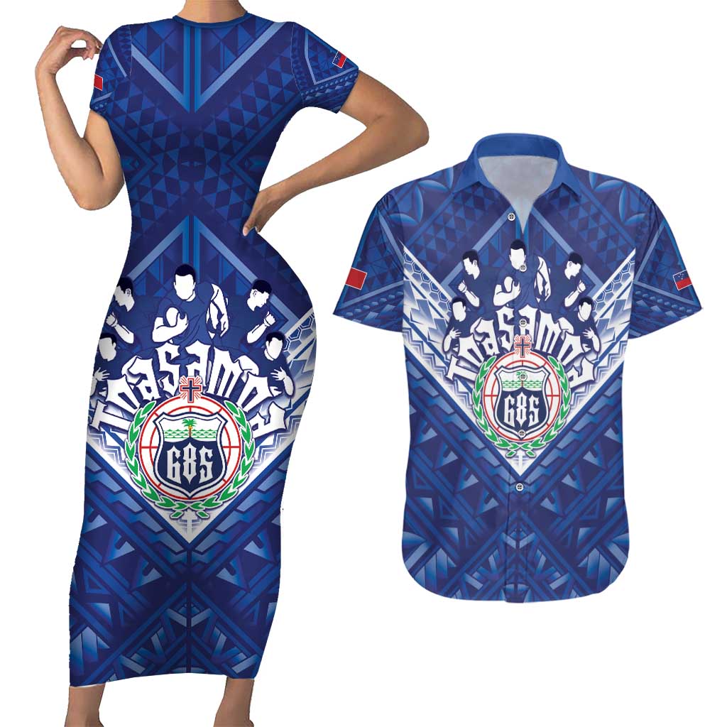 Toa Samoa Rugby Custom Couples Matching Short Sleeve Bodycon Dress and Hawaiian Shirt Samoan Pride With Tribal Pattern - Polynesian Pride