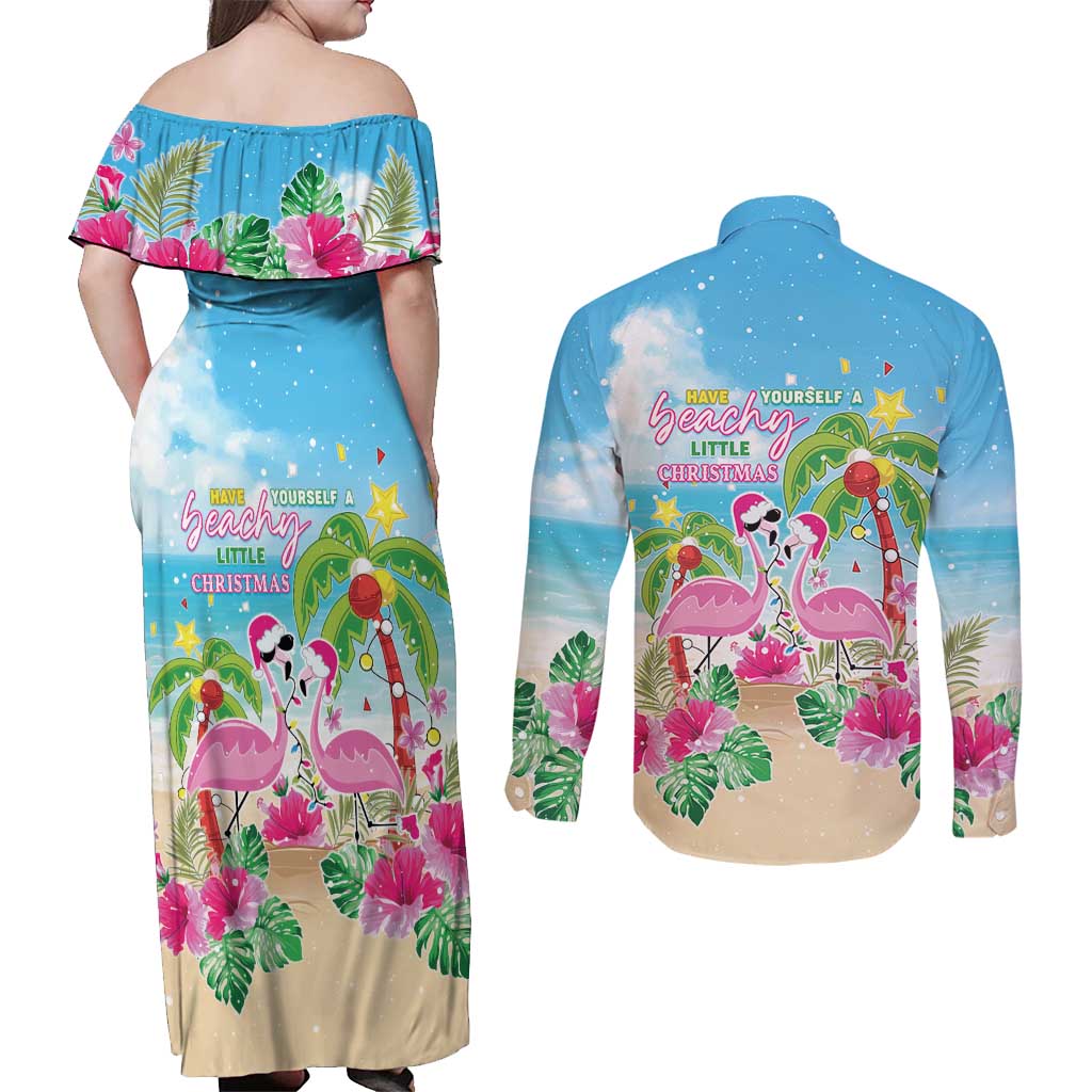 Hawaii Christmas Couples Matching Off Shoulder Maxi Dress and Long Sleeve Button Shirt Deck The Palms Holiday Flamingos