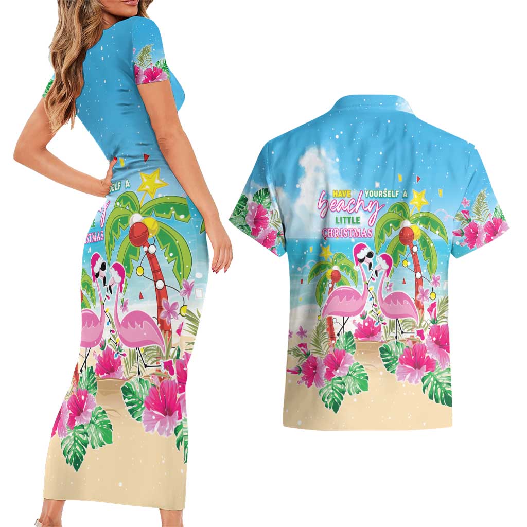 Hawaii Christmas Couples Matching Short Sleeve Bodycon Dress and Hawaiian Shirt Deck The Palms Holiday Flamingos