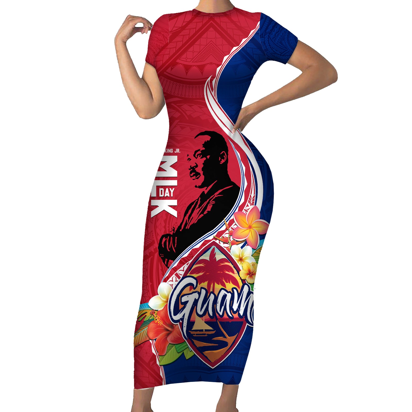 Guam Martin Luther King Jr Day Short Sleeve Bodycon Dress LT05 Long Dress Red - Polynesian Pride