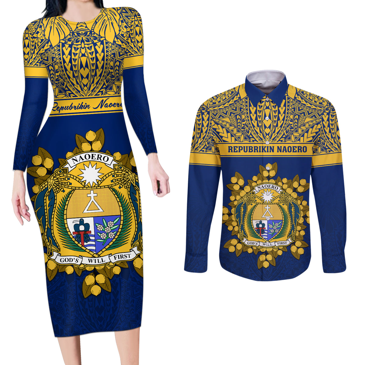 Personalised Repubrikin Naoero Independence Day Couples Matching Long Sleeve Bodycon Dress and Long Sleeve Button Shirt Tamanu With Coat Of Arms LT05 Yellow - Polynesian Pride