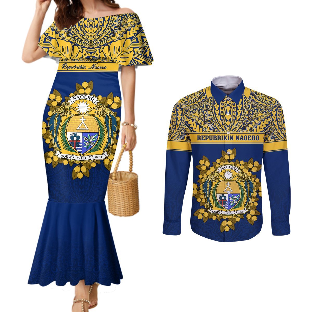 Personalised Repubrikin Naoero Independence Day Couples Matching Mermaid Dress and Long Sleeve Button Shirt Tamanu With Coat Of Arms LT05 Yellow - Polynesian Pride