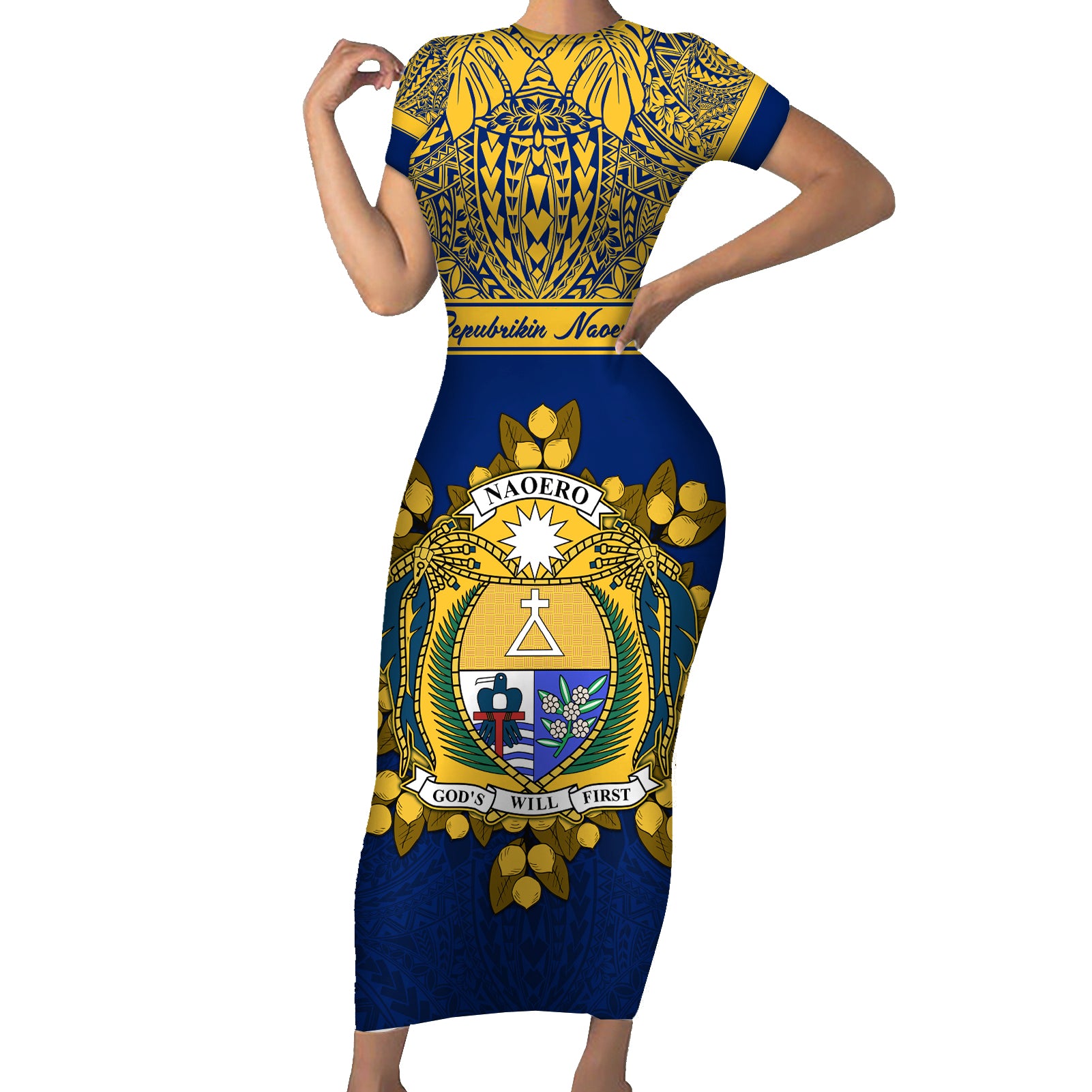 Personalised Repubrikin Naoero Independence Day Short Sleeve Bodycon Dress Tamanu With Coat Of Arms LT05 Long Dress Yellow - Polynesian Pride
