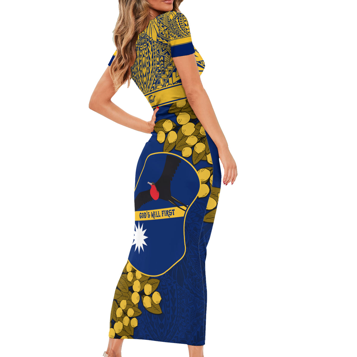 Personalised Repubrikin Naoero Independence Day Short Sleeve Bodycon Dress Tamanu With Coat Of Arms LT05 - Polynesian Pride