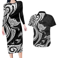 Hawaii Manta Ray Couples Matching Long Sleeve Bodycon Dress and Hawaiian Shirt Polynesian Art Tattoo