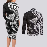 Hawaii Manta Ray Couples Matching Long Sleeve Bodycon Dress and Long Sleeve Button Shirt Polynesian Art Tattoo