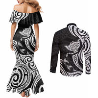 Hawaii Manta Ray Couples Matching Mermaid Dress and Long Sleeve Button Shirt Polynesian Art Tattoo