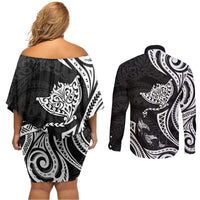 Hawaii Manta Ray Couples Matching Off Shoulder Short Dress and Long Sleeve Button Shirt Polynesian Art Tattoo