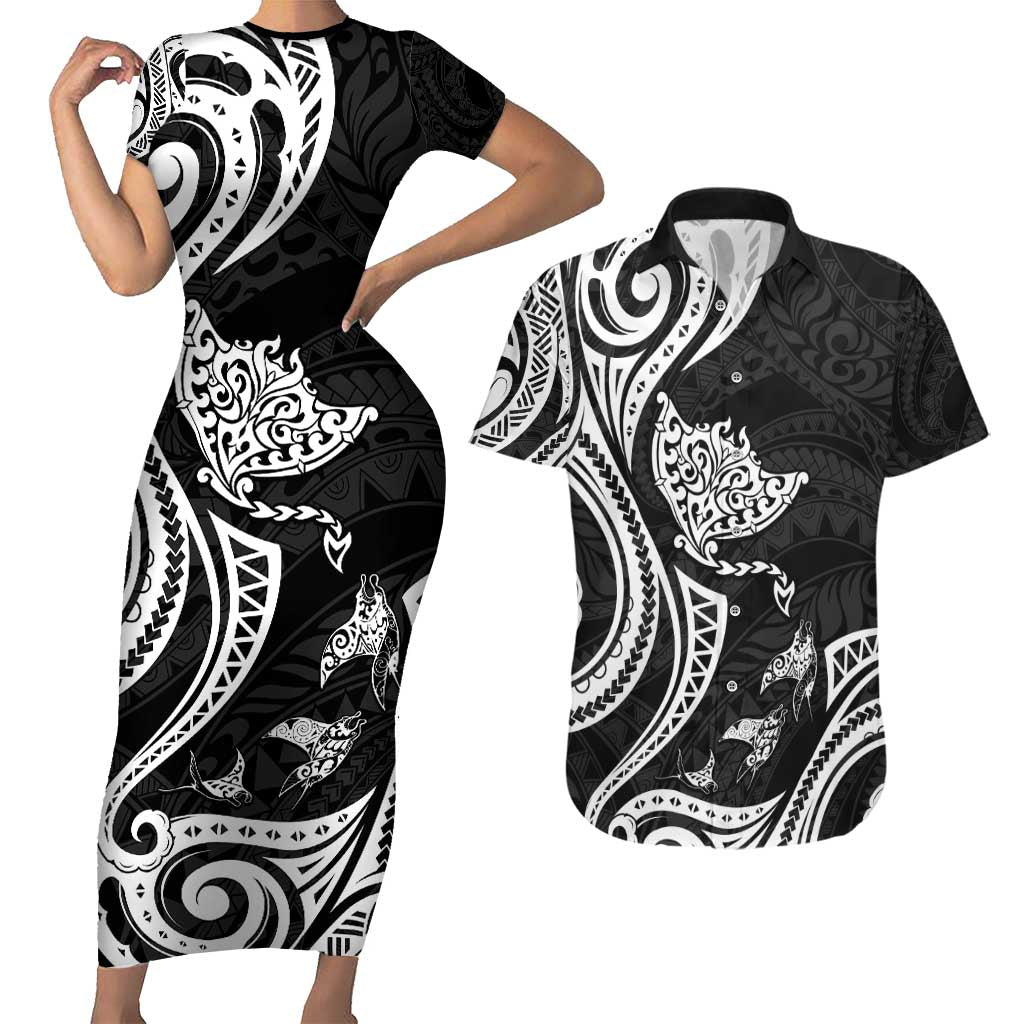 Hawaii Manta Ray Couples Matching Short Sleeve Bodycon Dress and Hawaiian Shirt Polynesian Art Tattoo