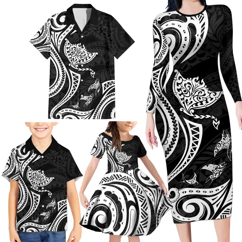Hawaii Manta Ray Family Matching Long Sleeve Bodycon Dress and Hawaiian Shirt Polynesian Art Tattoo