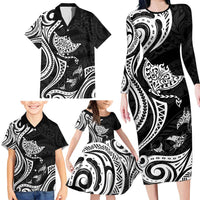 Hawaii Manta Ray Family Matching Long Sleeve Bodycon Dress and Hawaiian Shirt Polynesian Art Tattoo