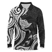 Hawaii Manta Ray Long Sleeve Polo Shirt Polynesian Art Tattoo LT05 Black - Polynesian Pride