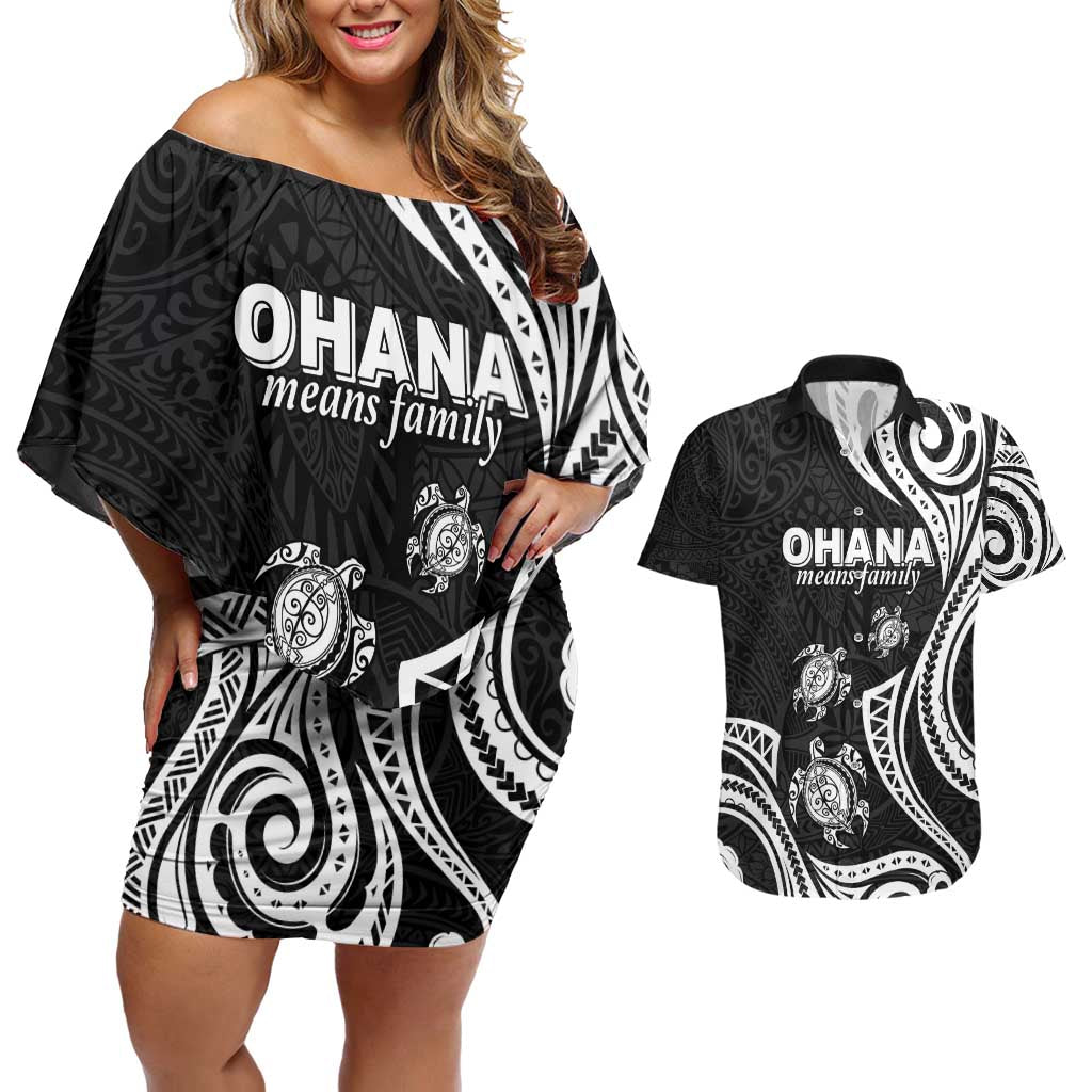 Hawaii Ohana Means Family Couples Matching Off Shoulder Short Dress and Hawaiian Shirt Sea Turtle Polynesian Style