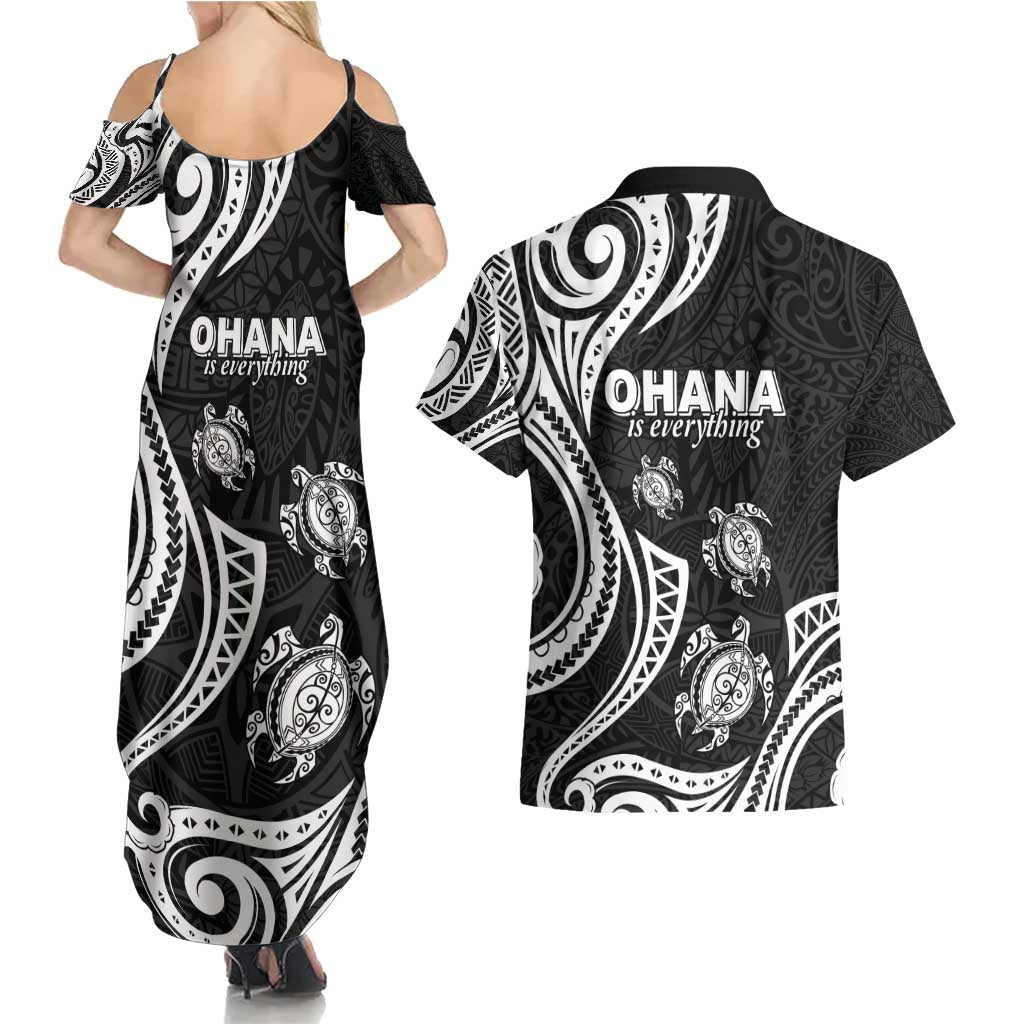Hawaii Ohana Means Family Couples Matching Summer Maxi Dress and Hawaiian Shirt Sea Turtle Polynesian Style