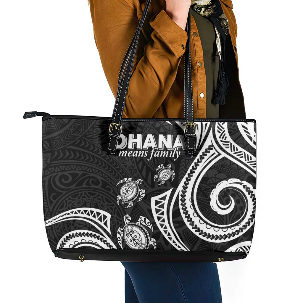 Hawaii Ohana Means Family Leather Tote Bag Sea Turtle Polynesian Style