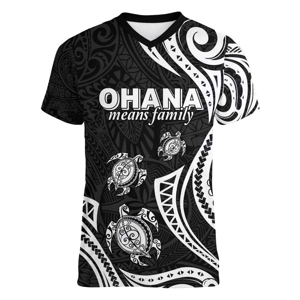 Hawaii Ohana Means Family Women V-Neck T-Shirt Sea Turtle Polynesian Style LT05 Female Black - Polynesian Pride