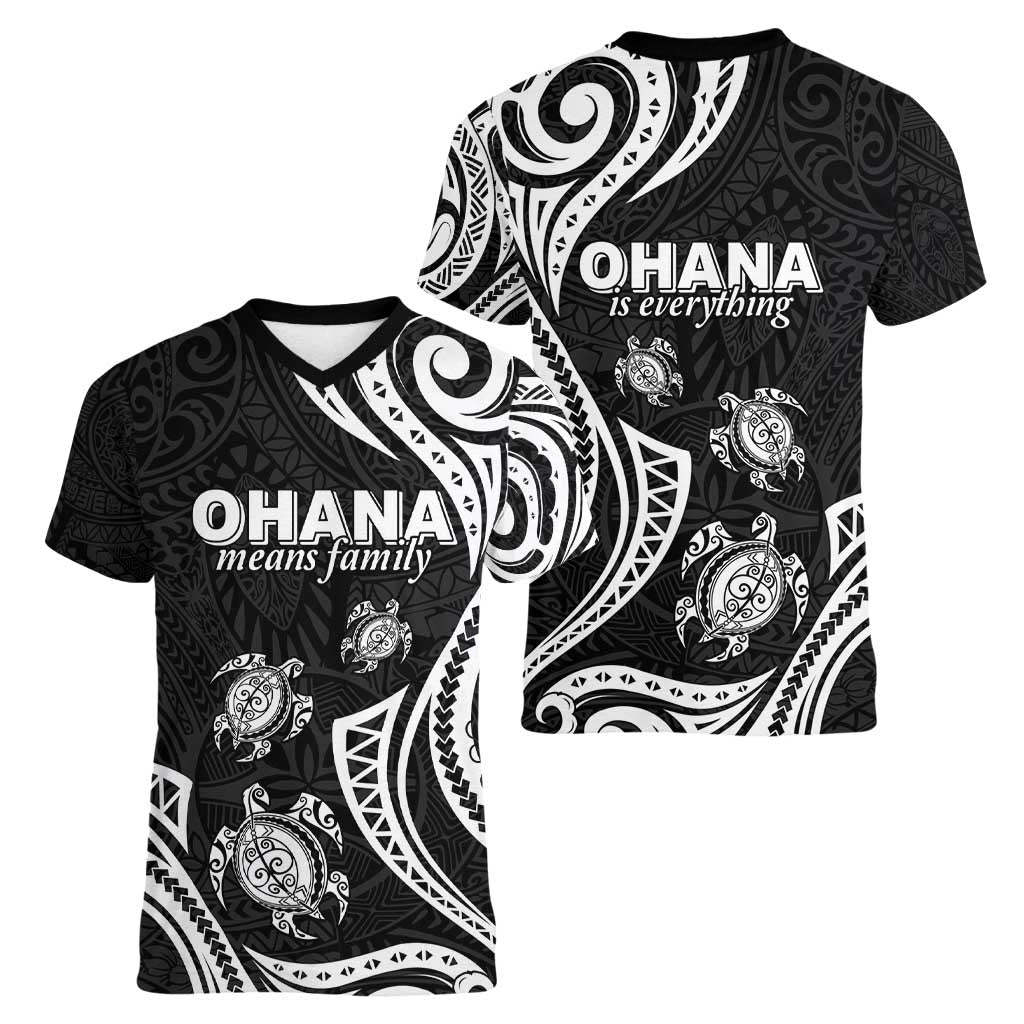Hawaii Ohana Means Family Women V-Neck T-Shirt Sea Turtle Polynesian Style LT05 - Polynesian Pride