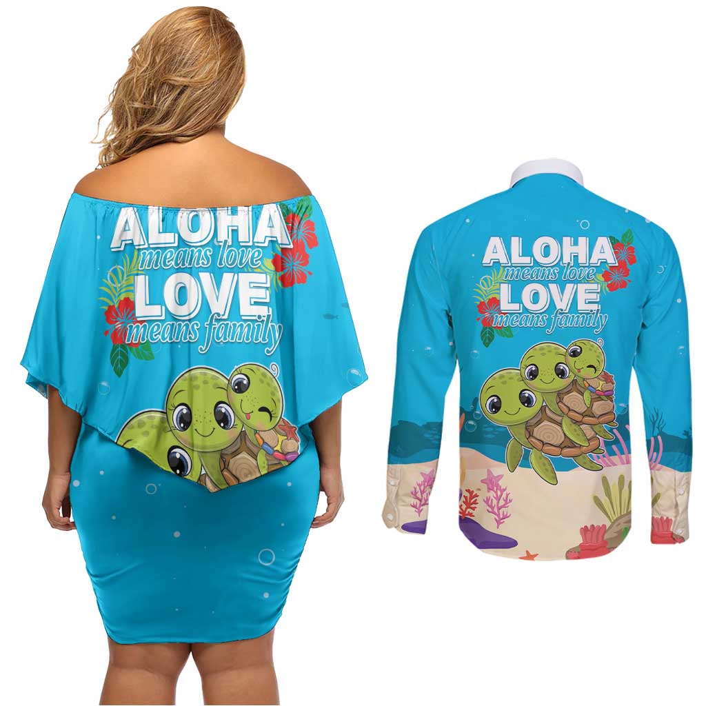 Ohana Hawaii Couples Matching Off Shoulder Short Dress and Long Sleeve Button Shirt Kawaii Family Turtle