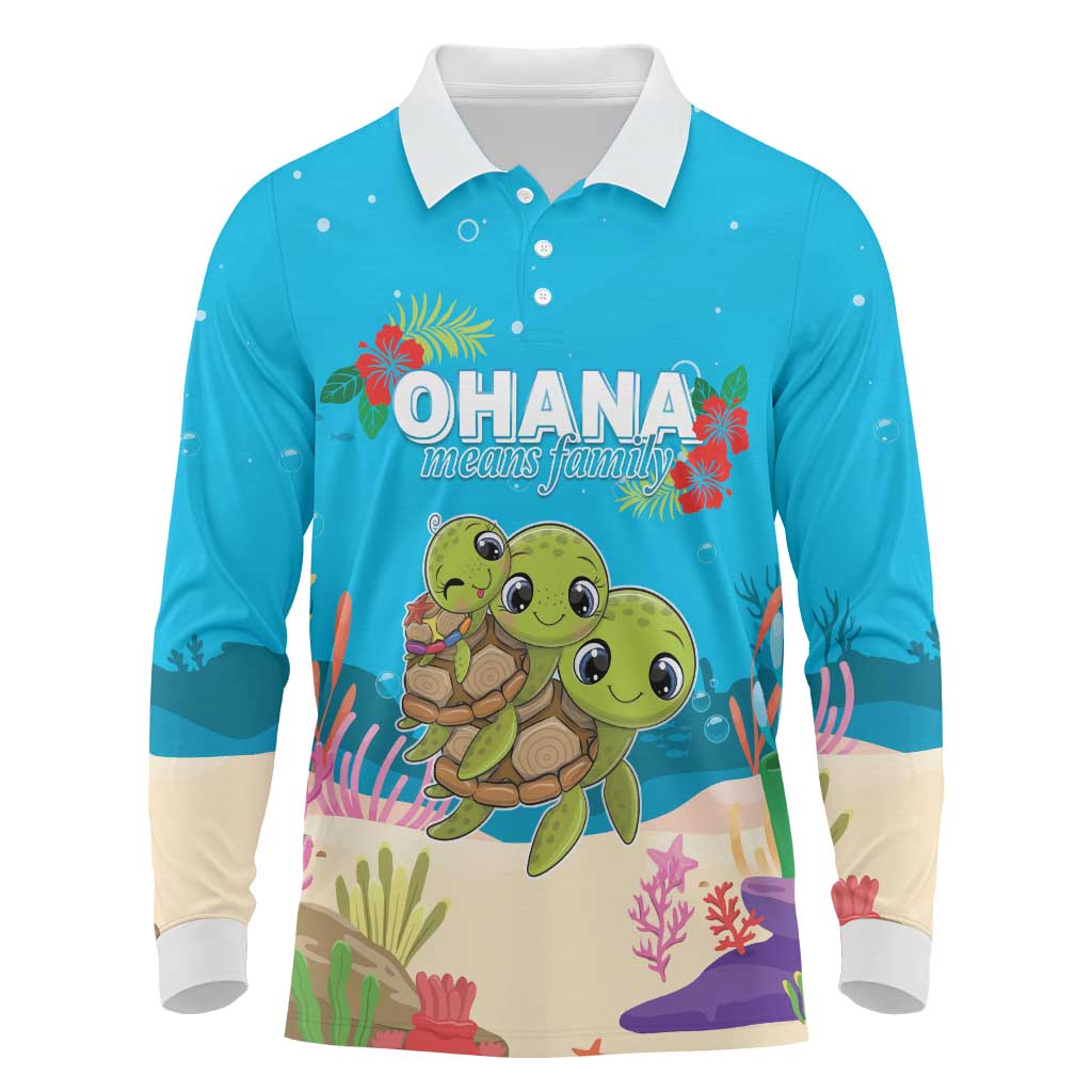 Ohana Hawaii Long Sleeve Polo Shirt Kawaii Family Turtle LT05 Blue - Polynesian Pride
