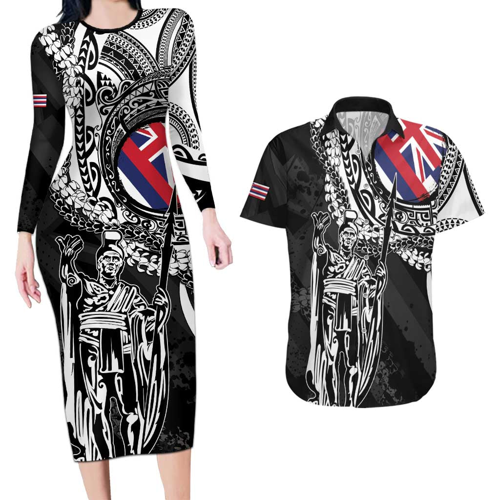Hawaii King Flag Couples Matching Long Sleeve Bodycon Dress and Hawaiian Shirt Hawaiian Maile Lei - Polynesian Pride