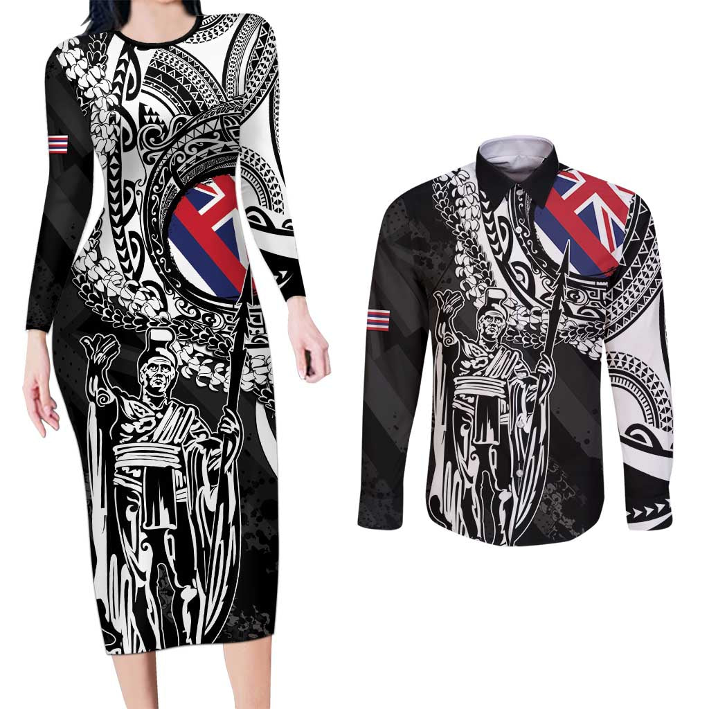 Hawaii King Flag Couples Matching Long Sleeve Bodycon Dress and Long Sleeve Button Shirt Hawaiian Maile Lei LT05 Black - Polynesian Pride