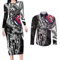Hawaii King Flag Couples Matching Long Sleeve Bodycon Dress and Long Sleeve Button Shirt Hawaiian Maile Lei LT05 Black - Polynesian Pride