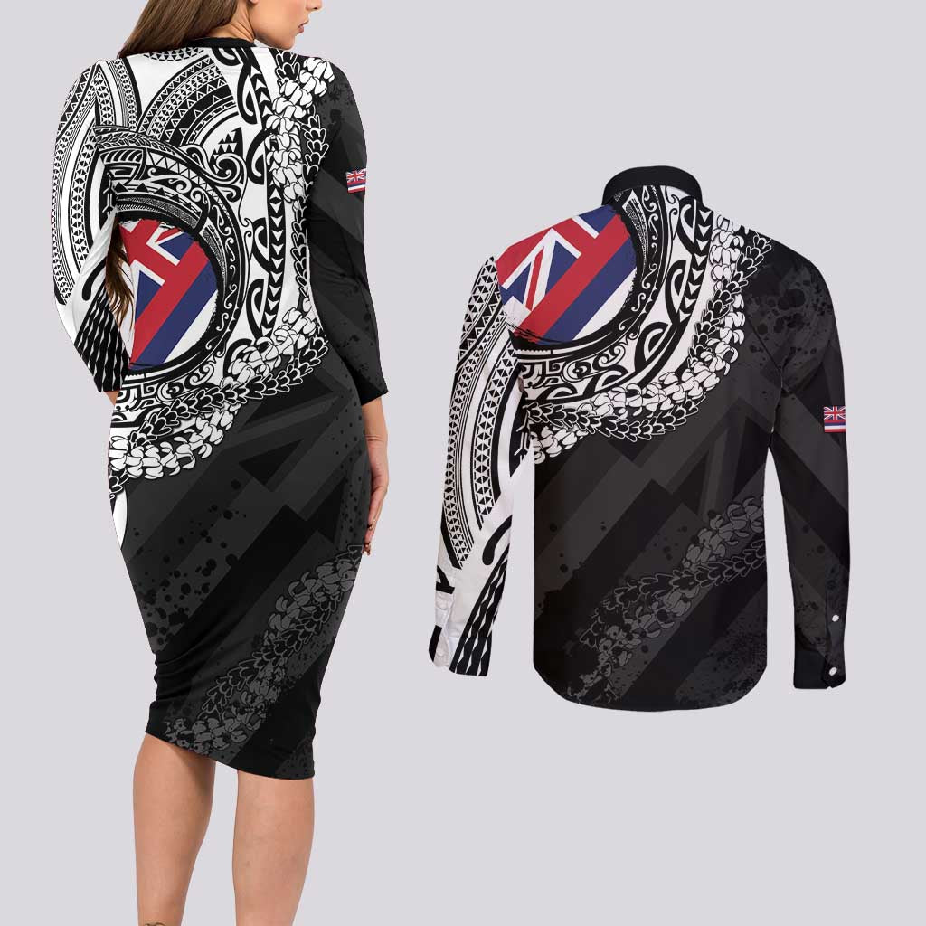 Hawaii King Flag Couples Matching Long Sleeve Bodycon Dress and Long Sleeve Button Shirt Hawaiian Maile Lei LT05 - Polynesian Pride